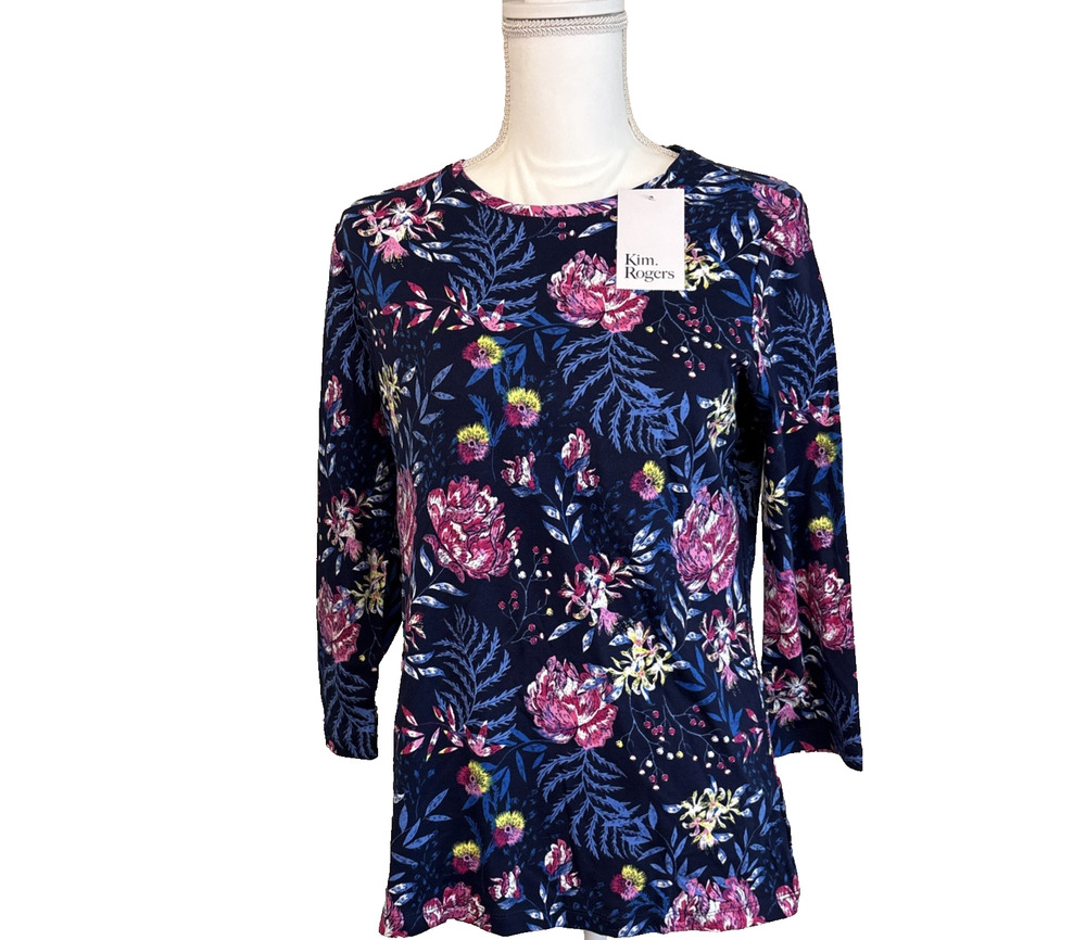Kim Rogers NWT Women’s Perfectly Soft Tee Magenta Floral Pattern Blue Top, Sz S